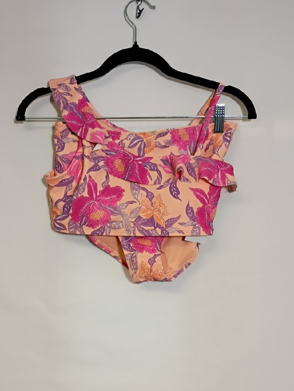 NWT Old Navy Ruffle 1 Shoulder Peach Floral 2 PC Bikini Set Girls Size XL 14